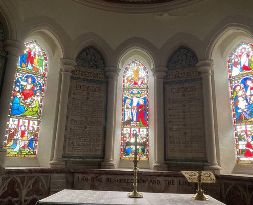 Interior of St Mary Magdelene church and three stained glass window Interior of St Mary Magdelene church and three stained glass window