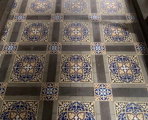 St Mary Magdalene church floor tiles Floor tiles in golds and dark blues, St Mary Magdalene Church, Latimer