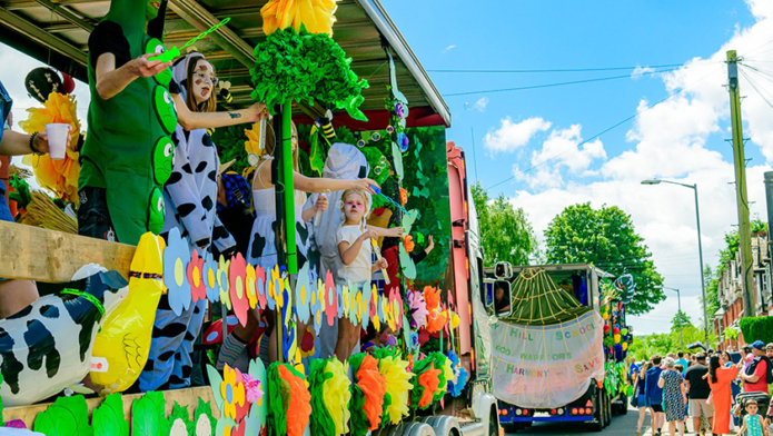 carnival-float Decorated lorry for Chesham carnival with flowers, summers day