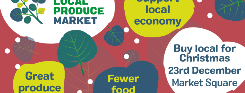 Graphic for market, with wording of support local economy, fewer food miles and great produce.