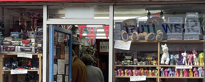 Collectors Paradise Window with many collectible and vintage items including Matchbox cars and My Little Pony