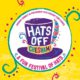 Hats Off logo on a wide bright yellow banner with swirly shapes