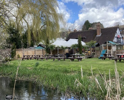View across the River Chess of the pub garden of The Pheasant pub, Waterside, with picnic benches and a children's play area. Weeping willow tree in the foreground and a duck swimming on the river.