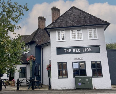 White pub building with The Red Lion in gold on black, tree in foreground