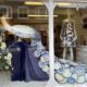 Window display in the ever-changing, ever-creative Rennie Hospice Shop. Here featuring a peacock sculpture with a tail made up of blue and white willow pattern plates