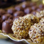 Close up of chocolate truffles costed in hazelnuts