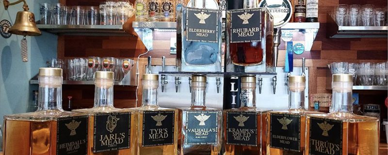 Display of craft mead drinks on counter, in interior of Trekkers bar