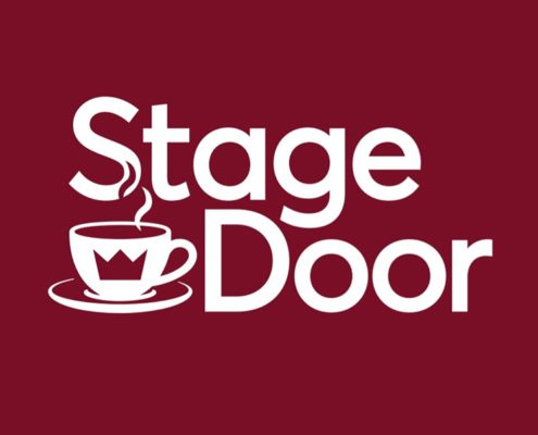 Stage Door logo with coffee cup with crown on it