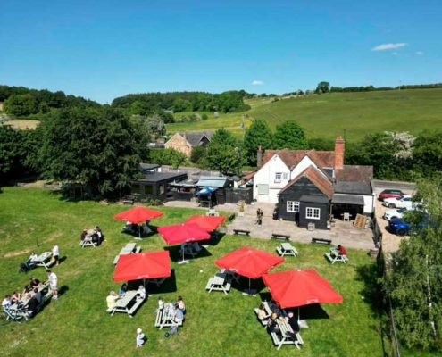 Hungry Olive pub garden Chesham with hills behind