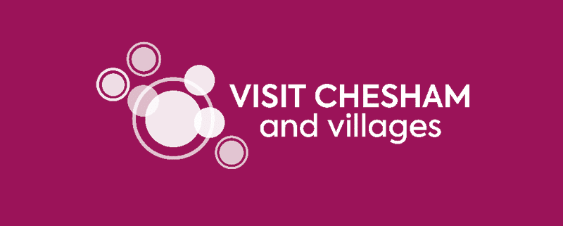 Visit Chesham and Villages white logo on magenta background - destination Chesham