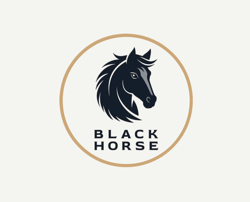 graphic logo of black horse head in a gold outlined circle