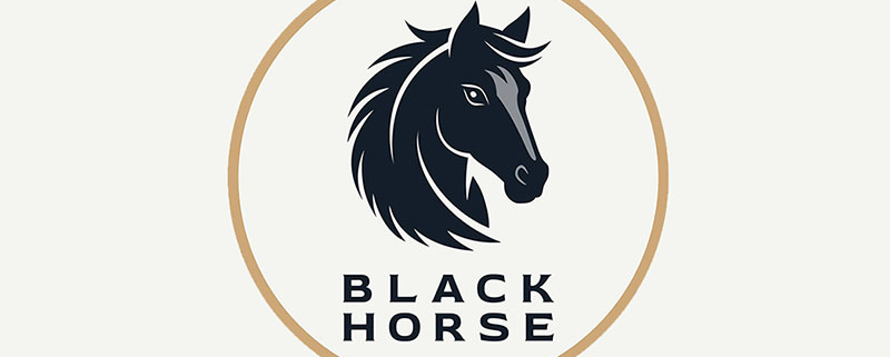 graphic logo of black horse head in a gold outlined circle