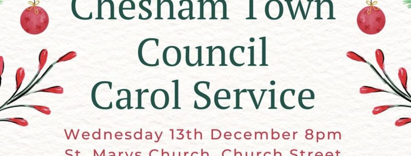 Graphic to advertise Chesham Town Carol Service , 13 December, 8pm. St Mary’s Church, Chesham