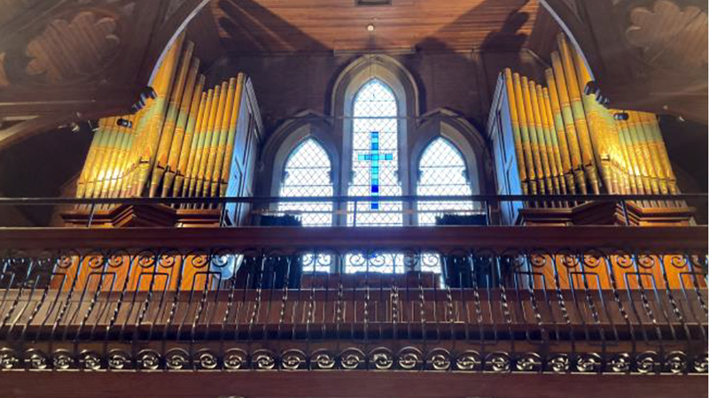The Grade 1 orgain in the beautiful interior of United Reform Church Chesham