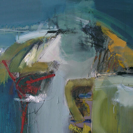 Abstract painting in blues and a little yellow and red, broad areas or paint, broad brush