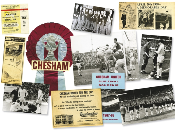 Display of Chesham United 1968 memorabilia including tickets, photos and rosette