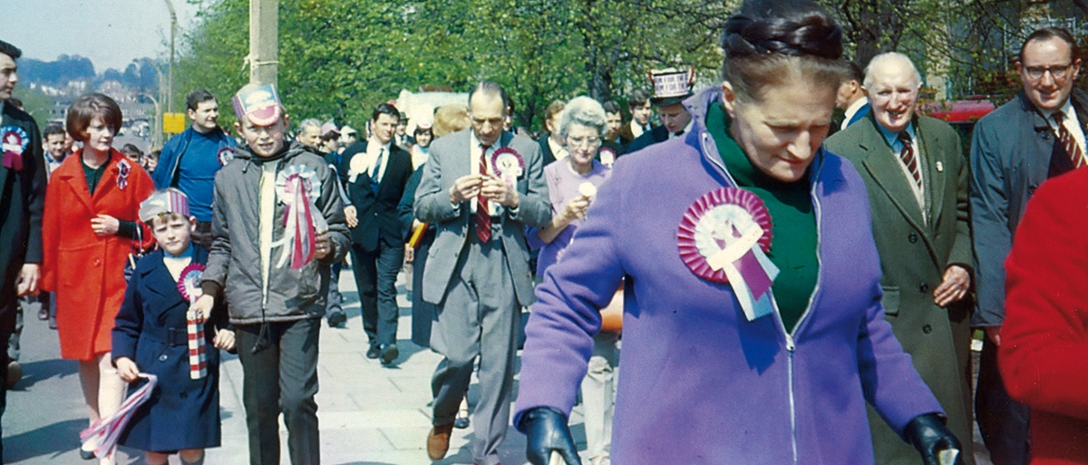 Chesham United supporters walking up to Wembley Stadium 1968