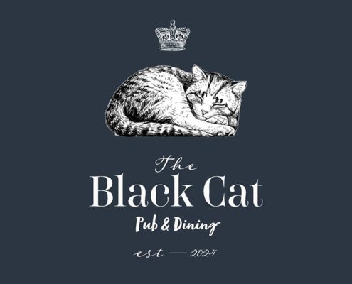 White etched drawing of black cat on dark background, and Black cat wording