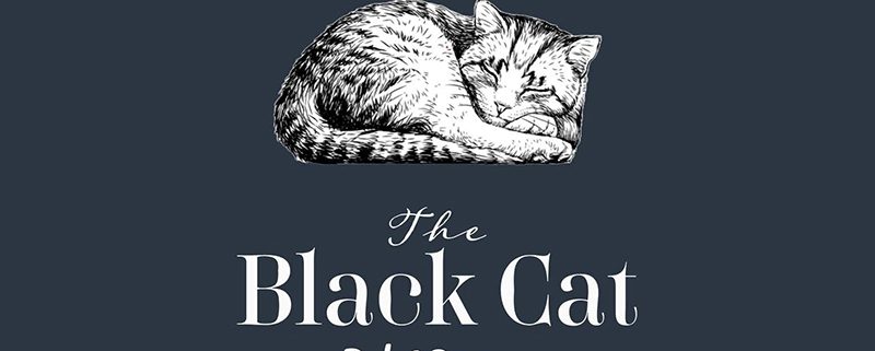 White etched drawing of black cat on dark background, and Black cat wording
