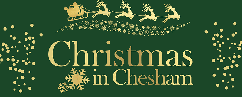 Christmas in Chesham in gold with santa sleigh and reindeer in gold silhouette