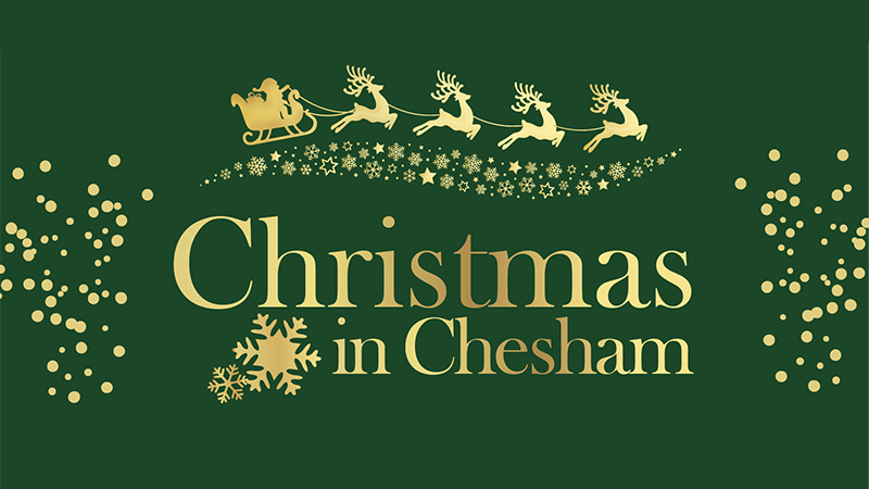 Chrsitmas-in-chesham-event-2-2025-TEMP2 Christmas in Chesham in gold with santa sleigh and reindeer in gold silhouette