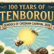 schools of chesha carnival-cropped poster -text 100 years of David Attenborough, image of sun and bees