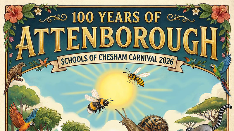 schools of chesha carnival-cropped poster -text 100 years of David Attenborough, image of sun and bees