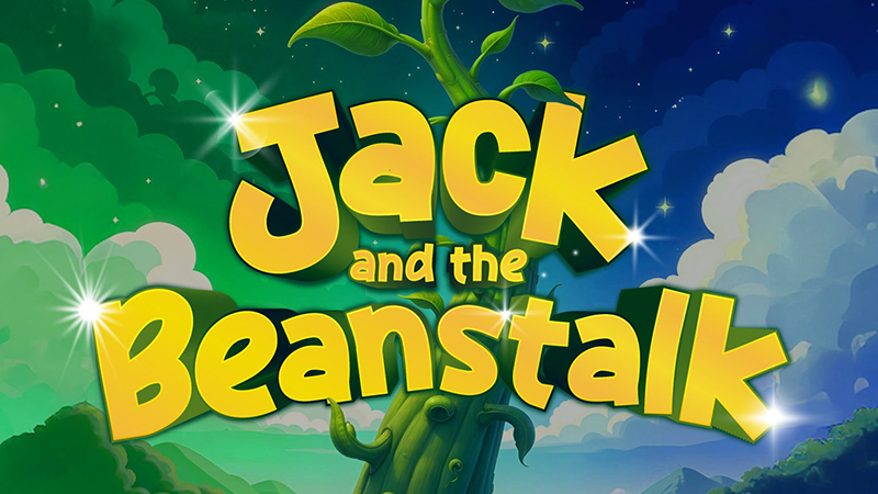 Panto_Jack-Beanstalk_elgiva-chesham-event Jack and the Beanstalk in bright yellow lettering with beanstalk and starry sky behind