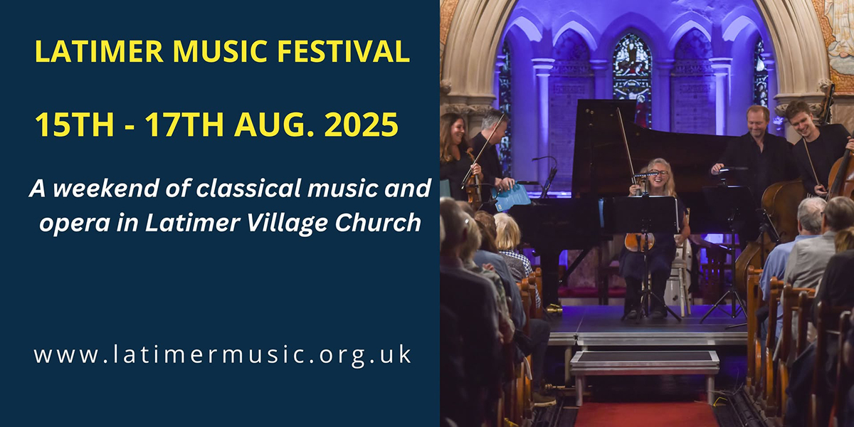 graphic of interior of church with musician at front and audience, and info text