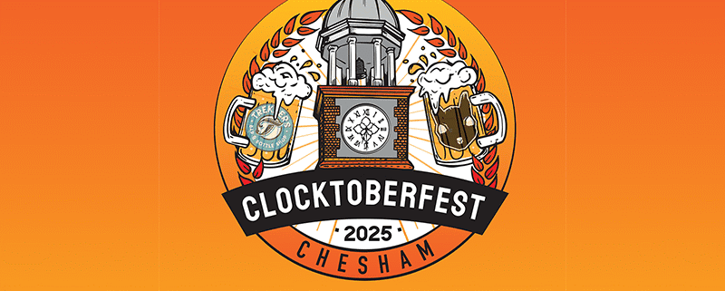 Bright orange gaphic with logo of clocktower and beers and bar logos