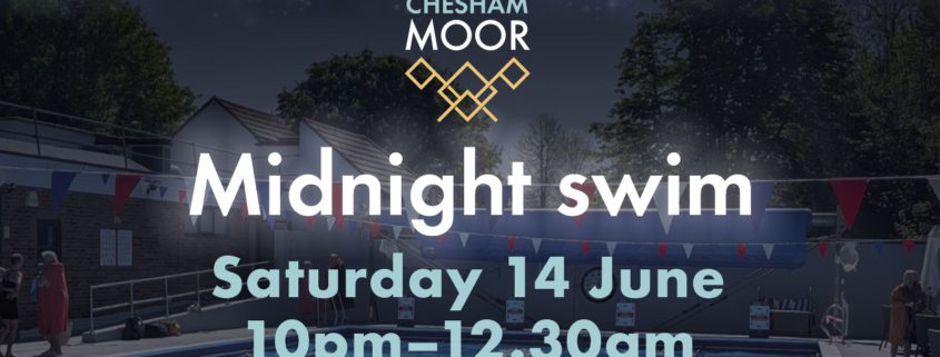 words 'Midnight swim, satuday 14 June, 10pm-12.30am' with a dark sky and night stars behind over swimming pool