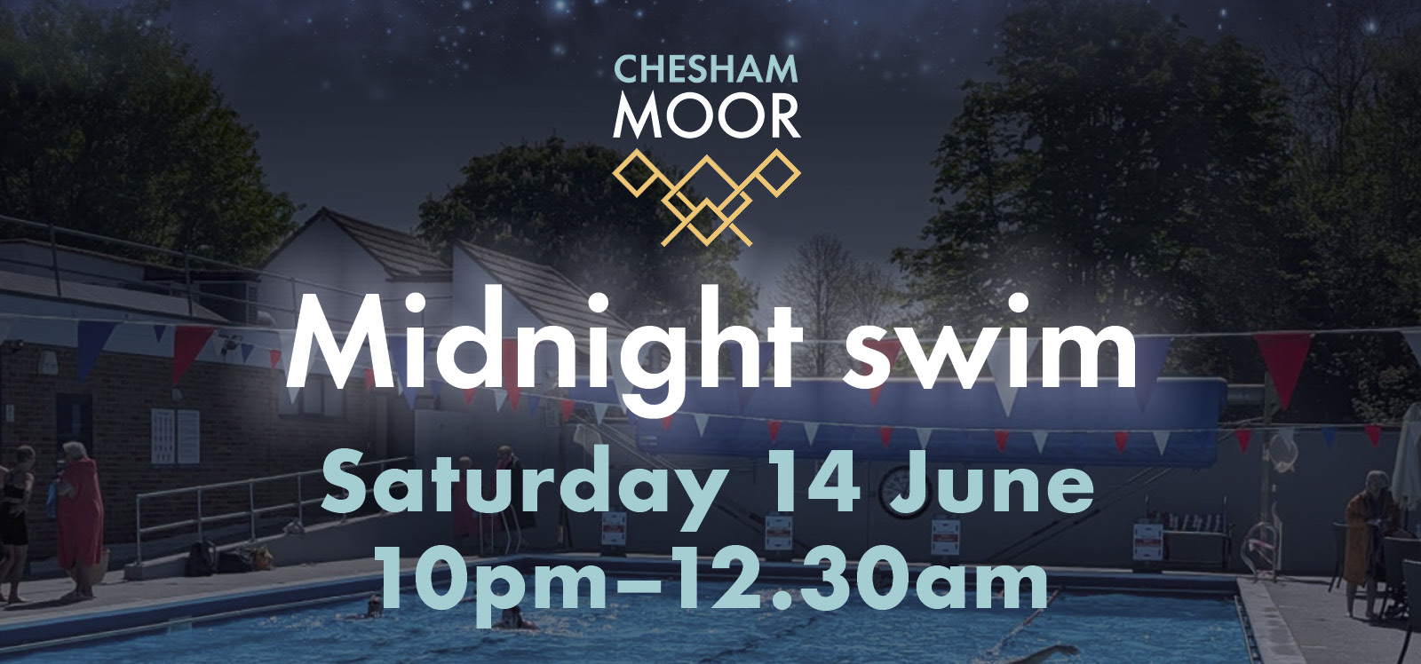 midnight swim 2025 fb post words 'Midnight swim, satuday 14 June, 10pm-12.30am' with a dark sky and night stars behind over swimming pool