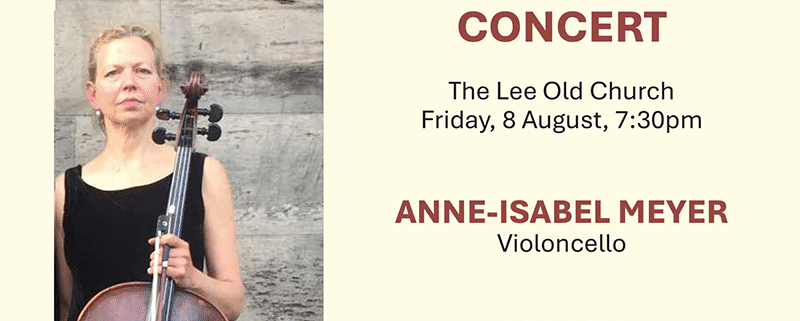 Photo of woman Anne with cello and details of concert in text