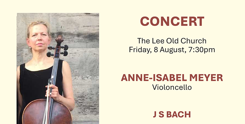 Photo of woman Anne with cello and details of concert in text