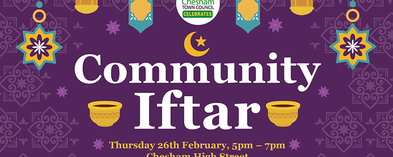 Community Iftar graphic – a dark purple background with yellow and turquoise and pink lanterns and stars