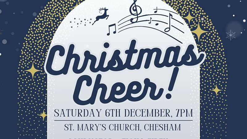 Christmas Cheer words on sparkly background with reindeer silhouette