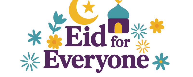 Eid for everyone text and moon and stars and flower shapes