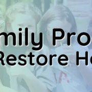 Pale backgournd tinted greensand blues of four children in a row, smiling, with words'Family Prom at Restore Hope' over the top