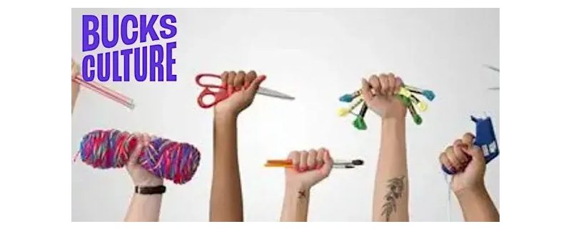 four hands in the air with each holding different things - wool, pencils, thread and a drill
