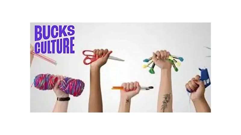 four hands in the air with each holding different things - wool, pencils, thread and a drill