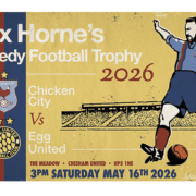 Poster with retro style football graphic of Alex Horne, plus text