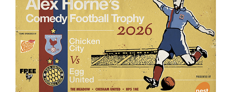 Poster with retro style football graphic of Alex Horne, plus text