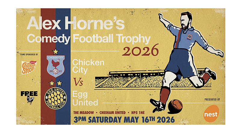 Poster with retro style football graphic of Alex Horne, plus text