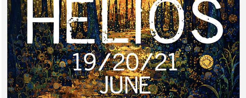 Thw workd Heios and event dates on a summer twilight background illustration of tree silhouettes and golden spiral shapes