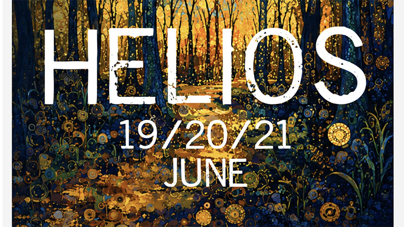 Thw workd Heios and event dates on a summer twilight background illustration of tree silhouettes and golden spiral shapes
