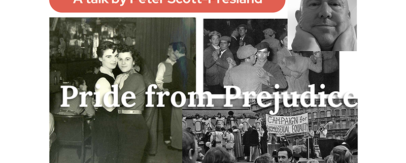 black and white photos of couples dancing, and a protest march with banner for Campaign for Homosexual Equality