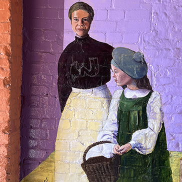 brick wall painted with mural of woman and girl with a shopping basket– Victorian clothing-364 brick wall painted with mural of woman and girl with a shopping basket– Victorian clothing